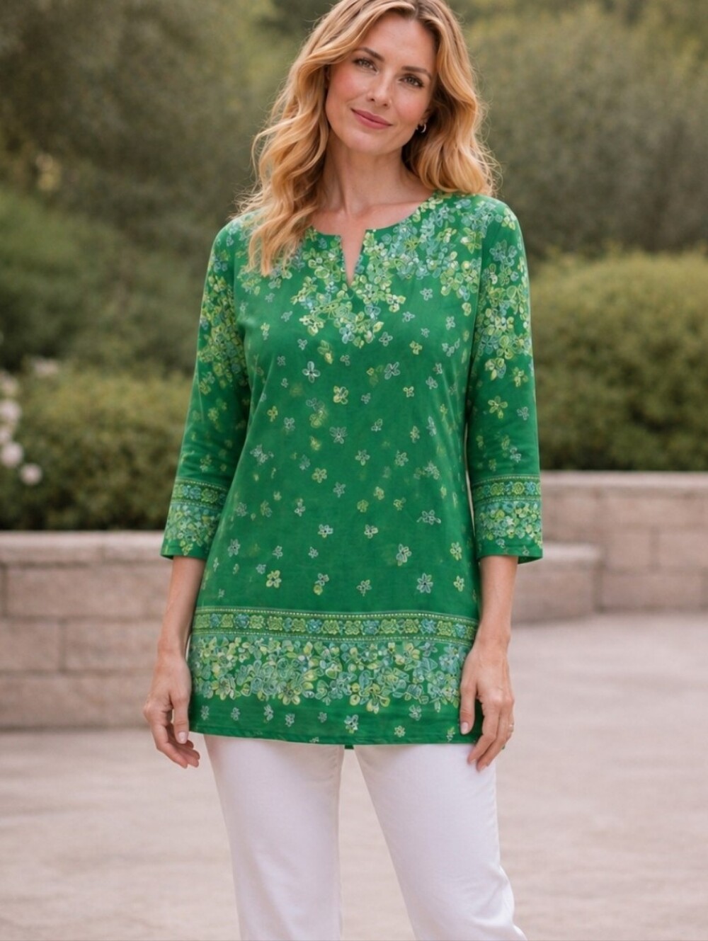 Bob Mackie Wearable Art Emerald Green Floral Tunic Blouse | Lightweight Boho Top